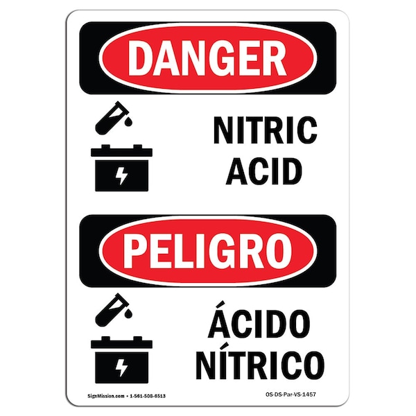 Safety Sign, OSHA Danger, 5" Height, Nitric Acid, Bilingual Spanish, 10PK
